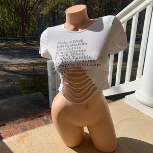 Ripped “Machine Wash” Peekaboo Slashed White Logo Crop Tee T-shirt Stretchy Top